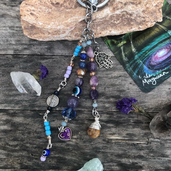 Evil Eye Lepidolite Mixed Crystal Gemstone Beaded Purse Charm / Car Mirror Charm - Picture 15 of 15